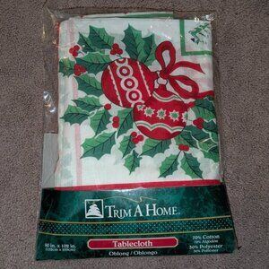 NEW Trim A Home Christmas Holly Ornament Tree Oblong 60"x102" Tablecloth Vintage